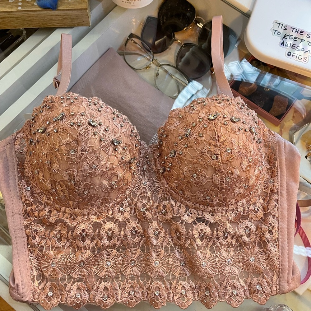 Bustier lace detail and rhinestones around cups